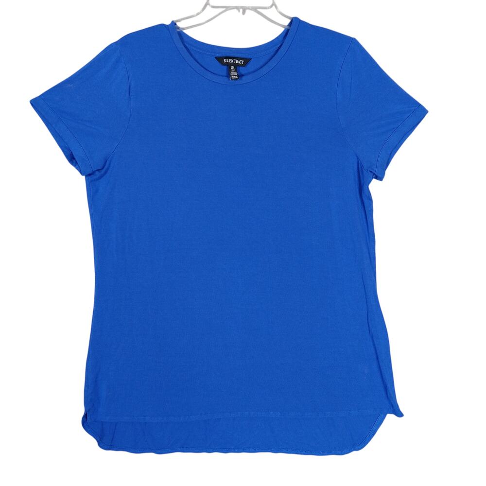 Ellen Tracy Jersey Soft Top High Low Size Large Blue Short Sleeve Round Neckline